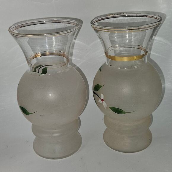 Pair Vintage 6" Frosted Glass Vases Hand Painted White Flowers Green Leaves Gold - Picture 2 of 8